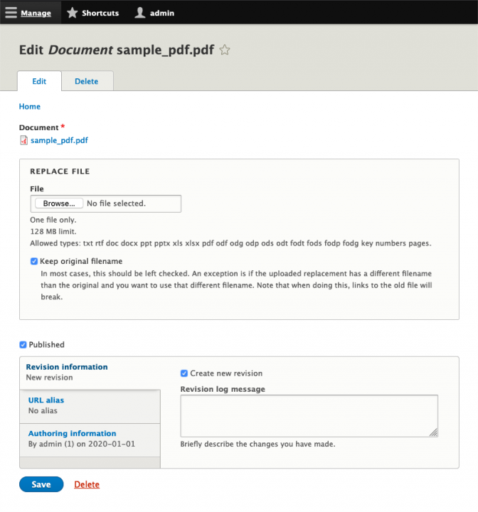 Edit form for a document media entity showing the "replace file" form widget